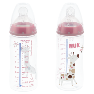 NUK First Choice Pink & Clear Anti Colic Wide Neck Bottle 6-18 Months 2 x 300ml (Colour May Vary)