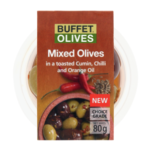 Buffet Olives Mixed Olives In Toasted Cumin, Chilli & Orange Oil 80g