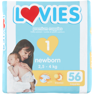 Lovies Size 1 2.5-4kg Newborn Premium Nappies 56 Pack