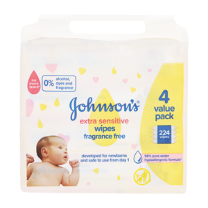 JOHNSON’S Baby Extra Sensitive Fragrance Free Baby Wipes 224 Pack