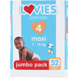 Lovies Maxi Size 4 7-18kg Premium Nappies Jumbo Pack 52 Pack