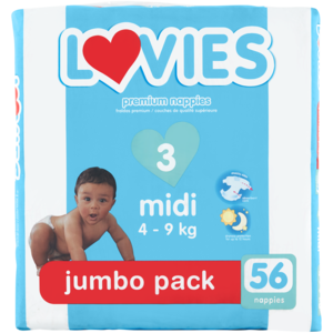 Lovies Midi Size 3 4-9kg Premium Nappies Jumbo 56 Pack