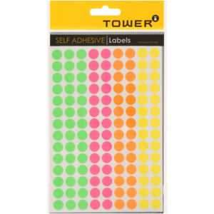 TOWER Multicoloured Fluorescent Self Adhesive Round Labels 10mm 756 Piece