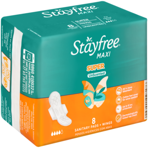 Stayfree Maxi Unscented Super Sanitary Pads For Heavy Flow Wings 8 Pack