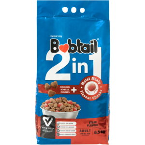 Bobtail 2-In-1 Adult Steak Flavoured Dog Food With Moist Meat 6.5kg