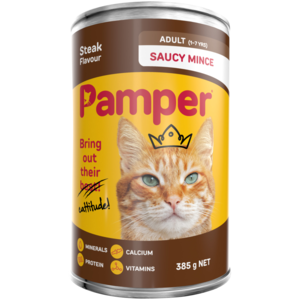 Pamper Saucy Mince Steak Flavoured Cat Food Can 385g