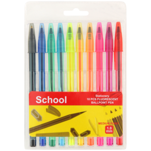 School Assorted Fluorescent Ballpoint Pens 10 Pack