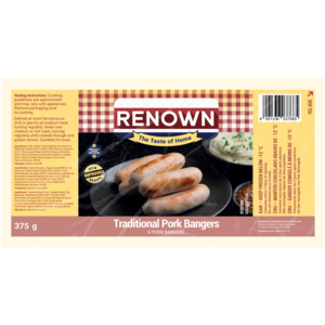 Renown Frozen Plain Pork Bangers 375g