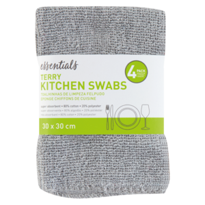 Essentials Plain Terry Kitchen Swabs 4 Pack (Colour May Vary)