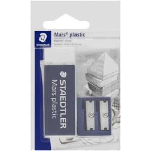 Staedtler Mars White & Blue Plastic Eraser With Sharpener Set