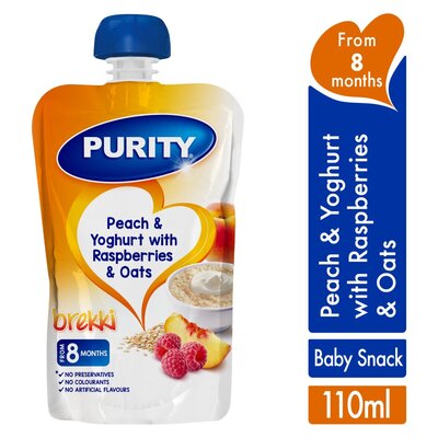 Purity Pouch Peachy Yoghurt with Raspberries & Oats 110ml from 6 Months